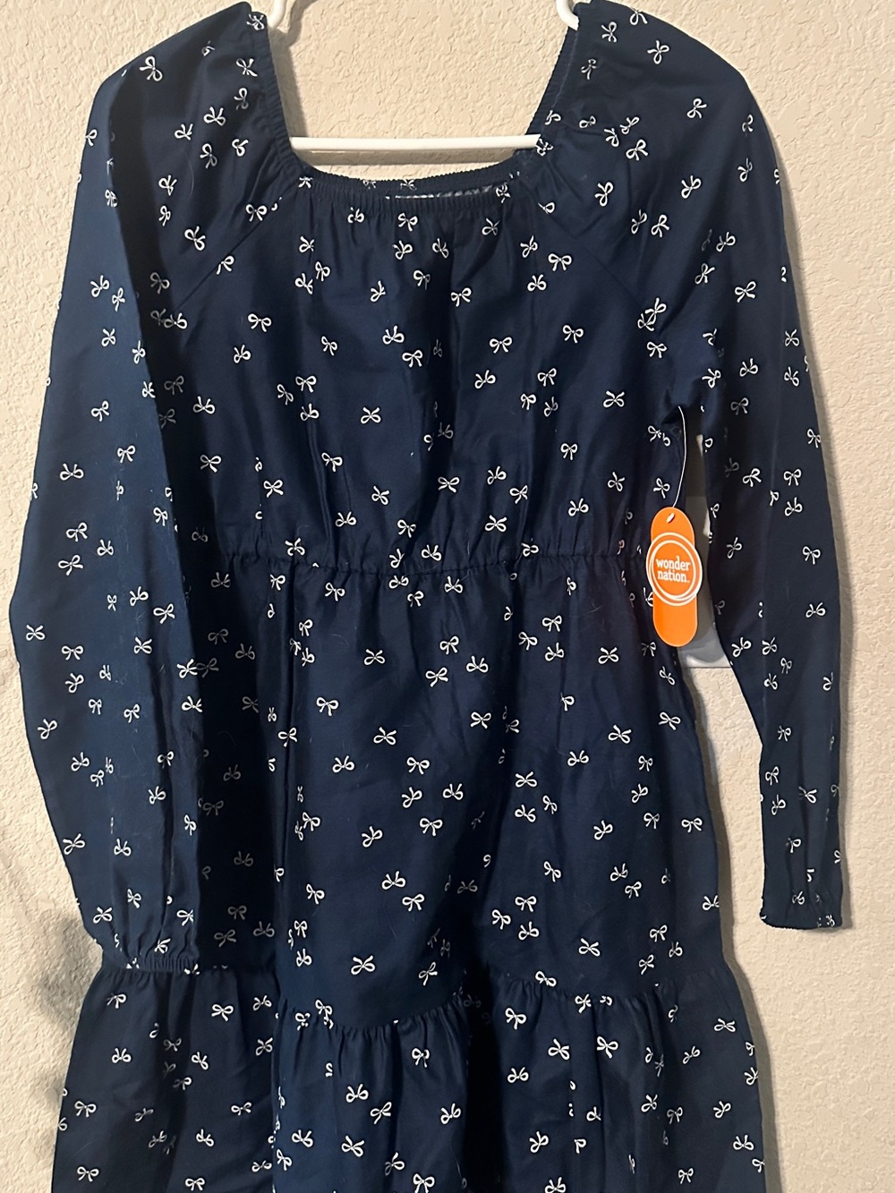 Wonder Nation Girls Tiered Dress Navy Blue White Bow Print XXL 18 NWT